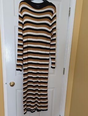 Striped Long Sleeve Ribbed Midi Dress - Black, White & Tan